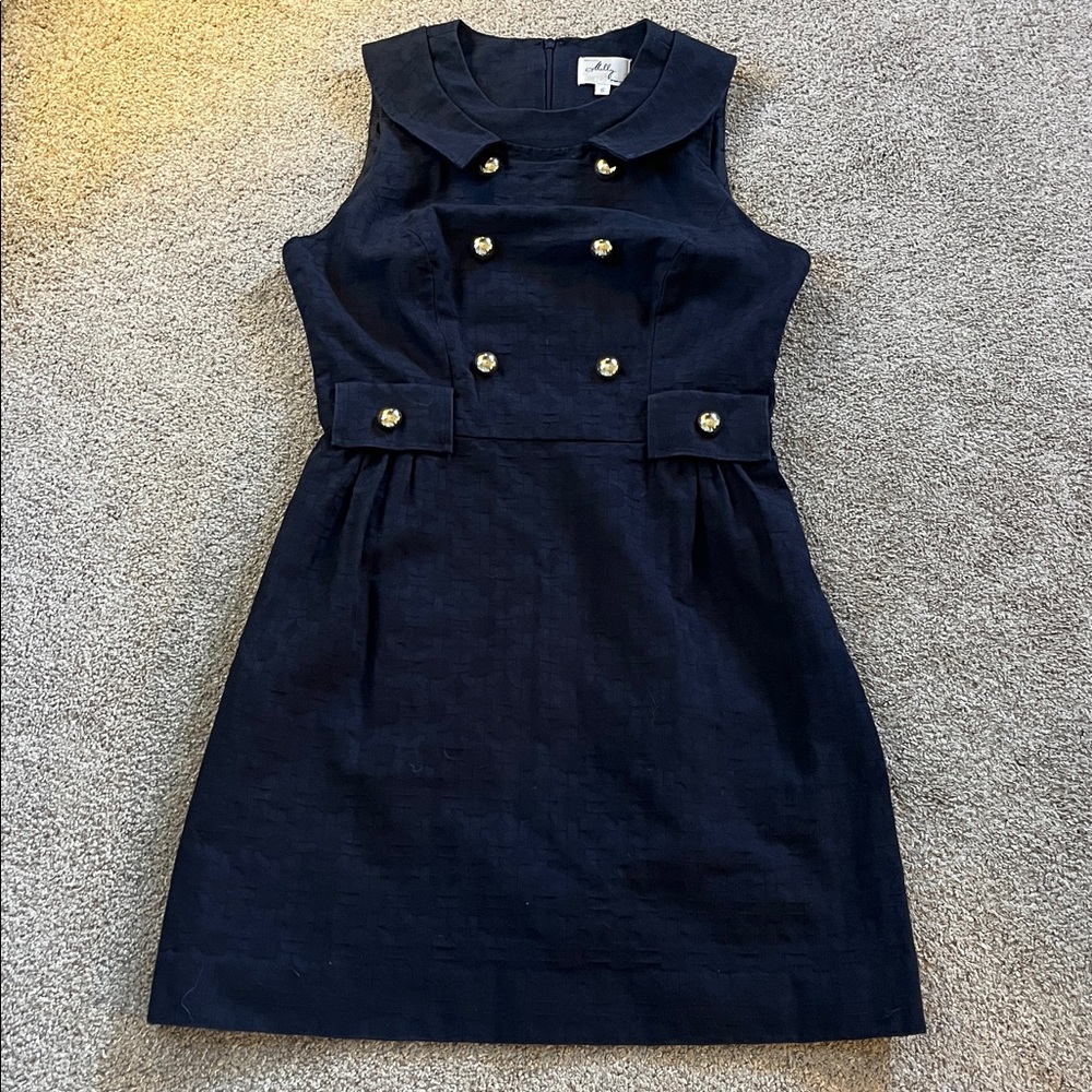 Vintage Milly of New York Textured Navy Blue Cotton Gold Button Jumper sz6